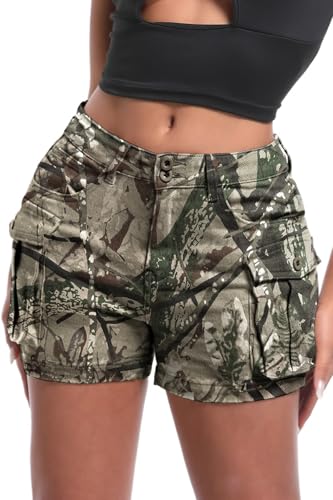 ELLEVEN Women's High-Stretch Cargo Shorts, Y2K Mini, High Waisted, Slim-Fitted Jean Shorts with Pockets