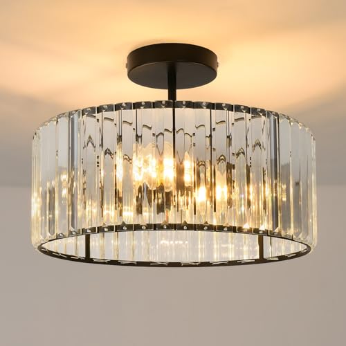 ANWIO Lustre Salon Moderne Noir en Cristal, Luminaire Plafonnier Chambre Ø365mm, Luminaires Intérieur LED Cuisine, Plafonnier LED Salle à Lire, Lustres...