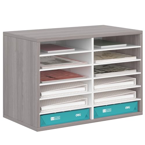 Image of EasyPAG 12 Compartments Wooden Literature Organizer with Adjustable Shelves, 6000 Sheets Capacity Paper Organizer, Classroom Mailbox and Mail Sorter for Teachers and Office, Retro Gray/White