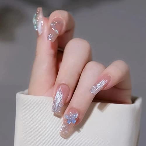 24Pcs French Press on Nails Short Butterfly Fake Nails Coffin Design False Nails with Diamond Glossy Full Cover Stick on Nails Square Nail Tips Exquisite Acrylic Manicure Decorations for Women