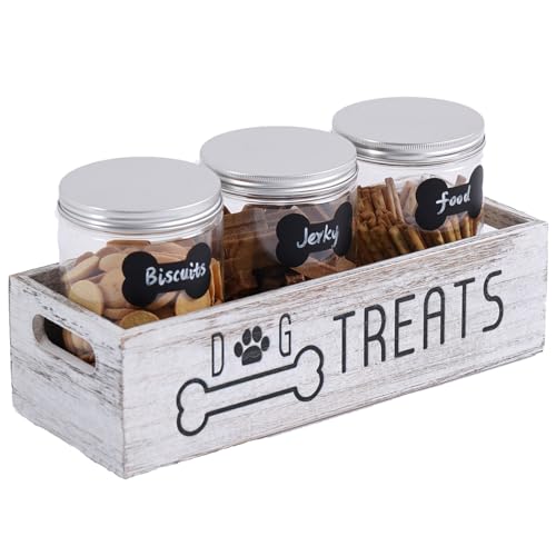 VZODESR Dog Treat Container Cat Food Organizer Box with 3 Jars Personalized Pet Food Storage Containers Dog Treat Station Cat Treat Storage Farmhouse Decor Gift for Pet