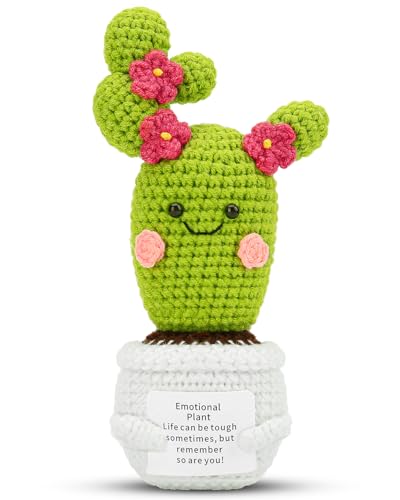 Image of Hoedia Handmade Emotional Pickle Gift, Emotional Cucumber Crochet Doll Inspirational Gifts with Cards, Cute Knitted Funny Support Pickle Potato Friend Birthday (Blossom Cactus)
