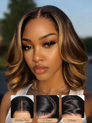 Image of Beauty Forever Glueless Bob Wig Human Hair 13x4 HD Lace Front Body Wave Drawstring Wig Chocolate Brown with Golden Highlights Pre Plucked Pre Cut French Bob 150% Density Ready to Wear 14inch