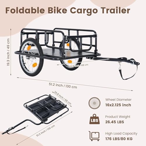 ABORON Foldable Bike Cargo Trailer – 176 lbs Load Capacity, 16×2.125″ Wheels, Quick-Attach Pin Release, Anti-Rust Steel Frame with Reflector - Thumbnail 3