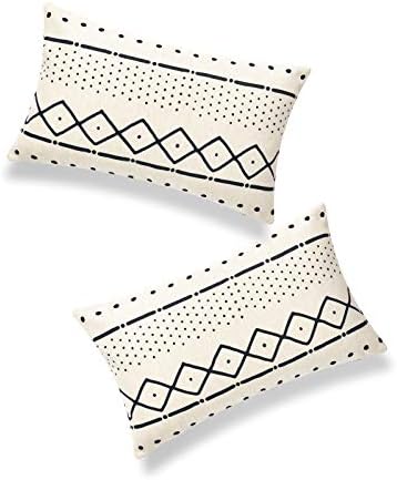 Hofdeco Decorative Lumbar Pillow Cover HEAVY WEIGHT Cotton Linen African Mud Cloth Ethnic Natural Dots and Line 12"x20" 30cm x 50cm Set of 2