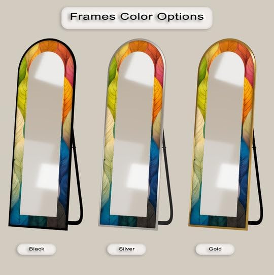 23,5’’W x 67’’H Botanic Spectrum – Leaf Pattern Abstract Floor Mirror Arched Full Lenght Mirror - Arch Full Body Stained Floor Mirror with Black Frame with Black Frame