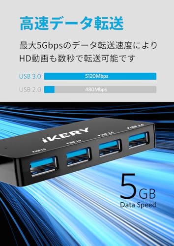【Amazon.co.jp限定】IKERY USBハブ 4 Type‐Aポート 4in1 USB3.0 HUB 5Gbps高速データ転送 軽量 コンパクト超小型 タイプA usb拡張 増設 Windows/Mac/ChromeBook等ノートPC PS4/ PS5 対応 在宅勤務 出張外出 30cm ケーブル