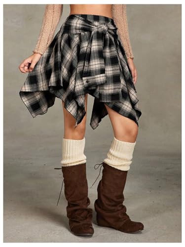 Verdusa Women's Y2k Goth Grunge Plaid Skirts Tie Vintage Asymmetrical Flowy Pleated Mini Skater Skirt4