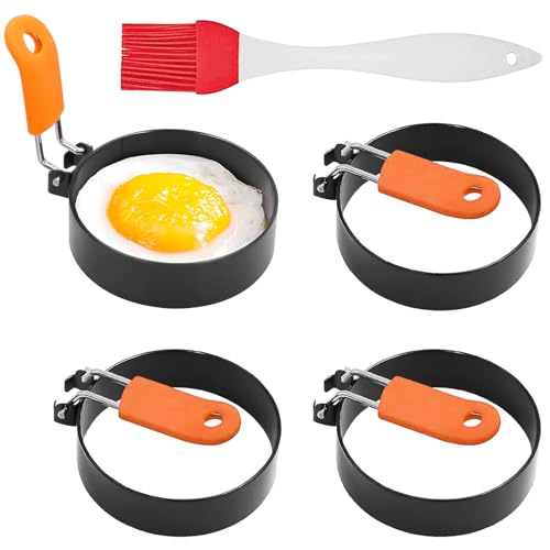 Skibetfo 4pcs Stainless Steel Egg Rings Non Stick for Frying,Round Egg Shaper for Frying Pan,Poached Egg Moulds for Fried Eggs,Griddle Egg Circles with Oil Brush for Cooking Pancake Crumpet Mcmuffin