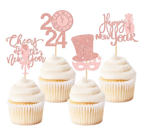 Keaziu 24 Pcs Happy New Year Cupcake Toppers Cheers to the New Year Picks Fireworks Goblet Magic Hat 2024 Clock Cupcake Toppers for Congratulations 2024 New Year Eve Theme Party Decoration Clock Pink