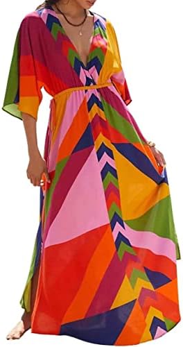 Bsubseach Women's Print Turkish Kaftan Beachwear Bikini Cover Up Maxi Dress
