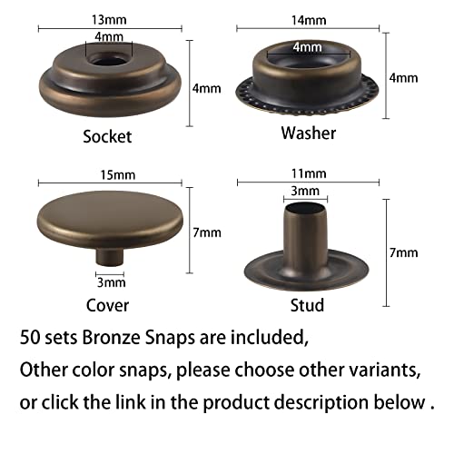 200 Pieces (50Sets) Leather Snap Fastener Kit Tool 5/8 Inches (15Mm) Snaps For Leather Press Studs Snap Fasteners Stainless Snaps Buttons For Canvas Diy, Bags, Clothes, Fabric, Jeans (Bronze) #TOP1