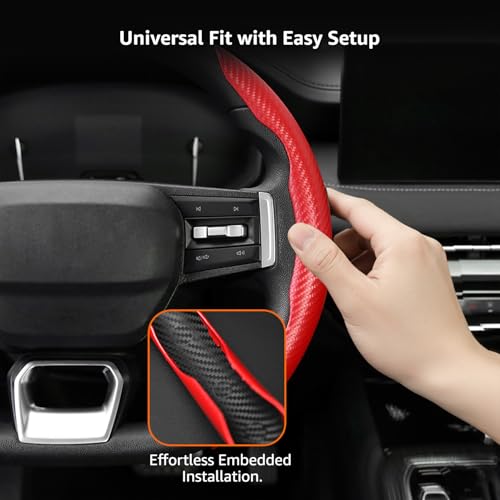 Image of amazon basics Car Steering Wheel Grip | Red | Carbon Fiber | Non Slip | Sweatproof and Anti-skidding