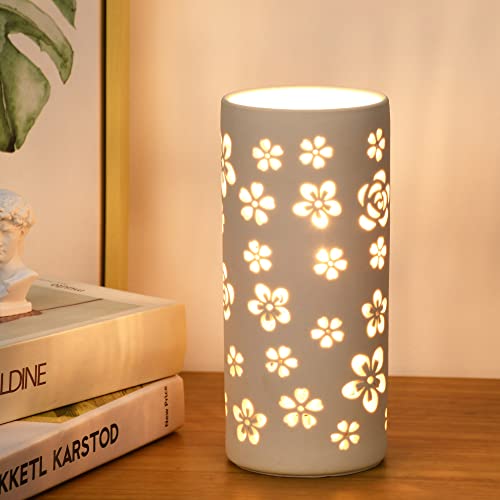 Lampwell Dana Small Table Lamp For Living Room As Bedside Table Lamp For Bedroom,Modern Ceramic Table Lamp,Kids Table Lamp,Night Table Lamp,Φ3.54×H7.87In,Bulb Excluded,White Table Lamp,Carving Flower #TOP13