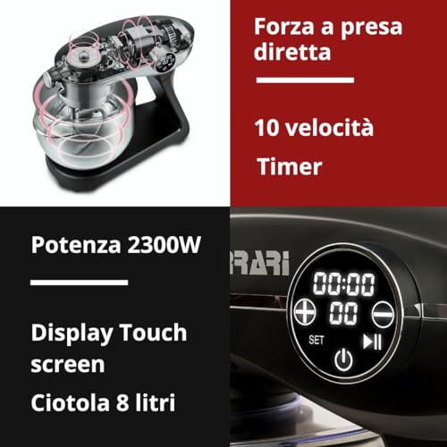 G3 Ferrari G20137 Pastaio Elegance Impastatrice Planetaria a Presa Diretta, 1800 W (2300 W Max), 8 Litri, Metallo, 10 Velocità, Display touch screen, Contenitore 8 Litri in Acciaio Inox - 3