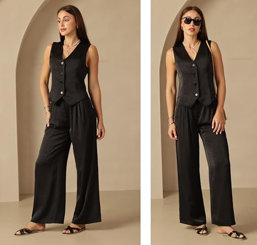 Silky Black Women's Suit Set with Vest and Wide-Leg Pants - Image 4