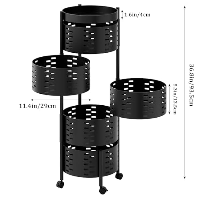 Kitchen Cart Fruit and Vegetable Storage Snack Cart Rotating Trolley Rotating Kitchen Storage Shelvesstorage Cart Fruit Basket Floor Stand Shelf Fruit Tower, 5 Tiers Black 5-Layers-8ZskNlZn