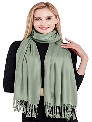 CJ Apparel Laurel Green Sage/Light/Pale/Grey Green Solid Color Tassels Design Nepalese Shawl Seconds Scarf Wrap Stole Throw Head Wrap Pashmina Hand Made in Nepal New4
