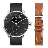 Withings - Scanwatch 38 mm Schwarz mit Schwarzem FKM Silikonband 18 mm + 1 Lederarmband Braun 18 mm - Hybrid Smart Watch mit EKG, Herz-Scan, SPO2 und Schlaftracking