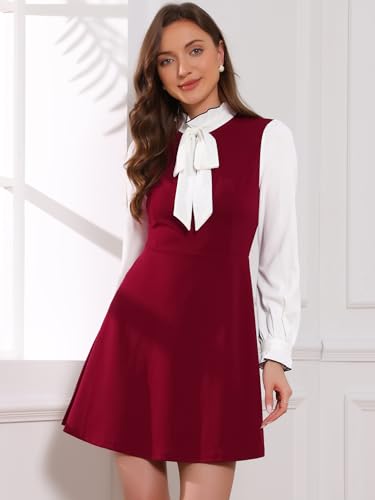 Image of Allegra K Tie Neck Dresses for Women's 1960s Vintage Long Sleeve Contrast Color Dress