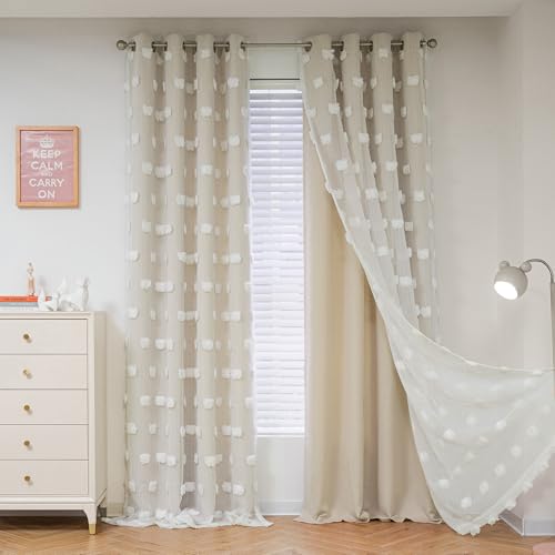 Image of MYSKY HOME Beige Curtains for Living Room 95 Inches Long Nursery Curtains for Bedroom Double Layer Curtains White Pom Pom Sheer Curtains for Dining Room Grommet Room Darkening Window Panels W52 X L95