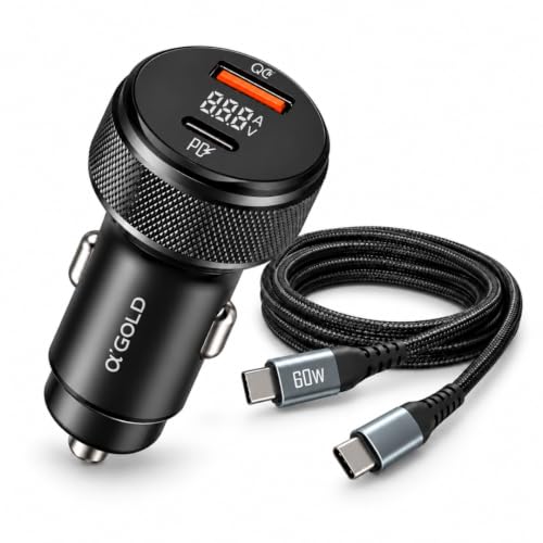 Carregador Veicular Turbo 60W com USB-C e USB com Cabo USB-C, Carregamento Rápido para 2 Dispositivos Simultaneamente, Adaptador para Carro, para Celulares IOS, Android, Tablets