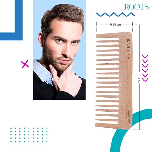 Image of ROOTS Wooden Comb | Wide Teeth | Rounded Teeth prevent Hair & Scalp damage | 100% Natural Wood | Anti-Frizz | For Long, Thick & Dry Hair | For Men & Women | Length - 6.2 Inch, Model No - WD58