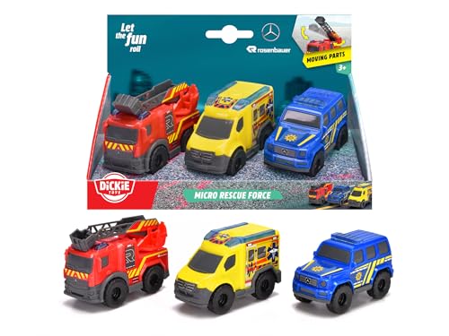 Dickie Toys Set de 3 Coches Micro Equipo de Rescate Mercedes-Benz, con Rueda Libre y Piezas móviles, camión de Bomberos, Coche de policía y Ambulancia, Juguete a Partir de 3 años (203712029)