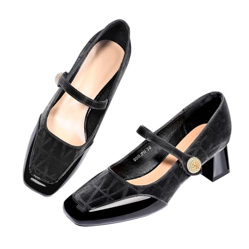 Trakxy Women's Mary Jane Heels - Chunky Block Heel Pumps with Square Toe & Buckle Straps, Comfortable Dress Shoes for Wedding, Office, Classic Chic Low Heels