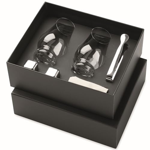 noTrash2003 Gift Set for Whisky Friends - 2 Nosing Glasses 200 ml, 2 Stainless Steel Ice Cubes with Cotton Bag & Tongs - Elegant Whisky Gift Set in Gift Box for Connoisseurs