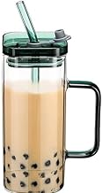 SAPRA Glass Boba Cups with Lid and Straw – Reusable Square Drinking Glasses Set with Handle – Iced Coffee, Bubble Tea, Smoothie Tumbler – Dishwasher Safe (Square_Color_Handle)