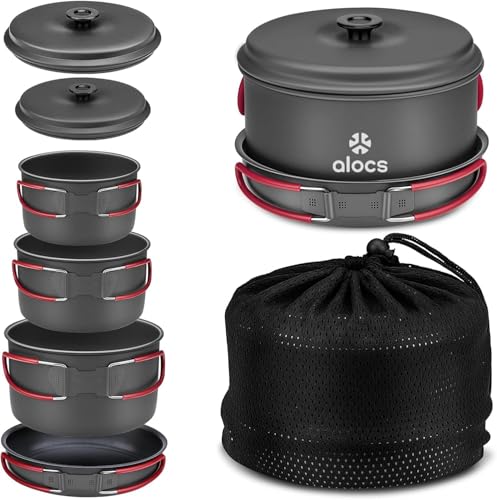 ALocs Camping-Kochgeschirr-Set leichte Aluminiumtöpfe und -pfannen mit antihaftbeschichteter Bratpfanne kompaktes stapelbares Camping-Kochset zum Wandern Trekking und Kochen im Freien