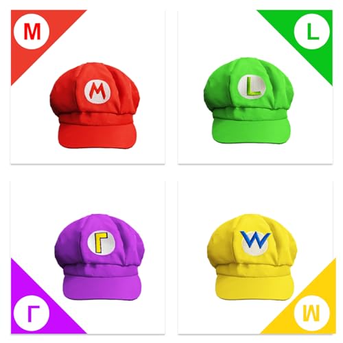 4 Set Super Bros Halloween Costume for Adult,Super Bros Hats Accessories Mary Luigi Caps, Mustaches, Suspenders, Gloves Buttons Set3