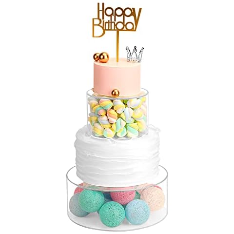 2 Acrylic Cake Stand Includes LED String Lights, Fillable Cake Pillar Stand, Cake Box Shape Display Stand for Wedding Decorations Birthday Party (2 sizes -10"Dx4"H inch and 6"Dx4"H inch) Cover
