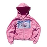Zip up Hoodie Y2k Unisex Oversized Graphic Hoodies Grunge Jackets Streetwear Vintage 2000s Emo Clothes (Pink,S,Small)