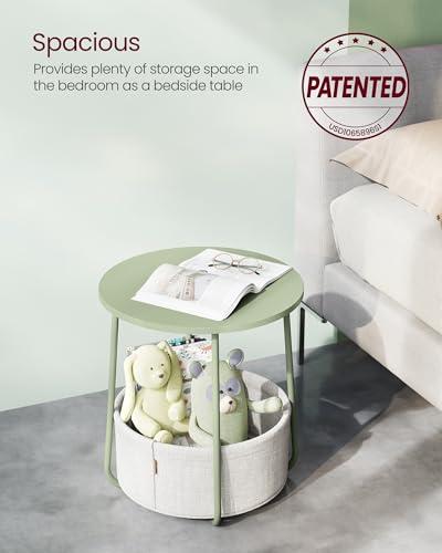 Image of VASAGLE LILEA Collection - Small Round Side End Table, Modern Nightstand with Fabric Basket, Laurel Green and Cream White ULET223C69