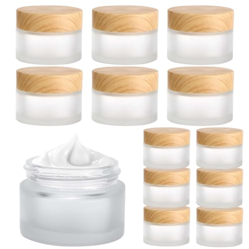 Auauraintt 12 Pièces 20g/30ml pot en verre dépoli,Flacon de crème de voyage rechargeable,Pot cosmétique avec couvercle en grain de bois,pour Crème,...