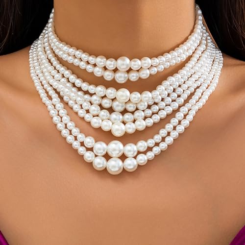 Octwine Boho Round Imitation Pearl Layered Choker Necklace Multi Strands Vintage 1920s Bridal Wedding Christmas Vintage Shiny Large Necklace for Women (Silver 3)2