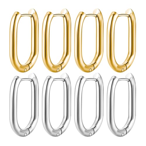 JUZICHEN 4 Paires Boucles d'Oreilles Créoles Pour Femme, Boucles d'Oreilles Ovales En Acier Inoxydable, 16/18/21/25mm Creole Ovales Or/Argent/Noir/Or rose (4 Paires,Or...