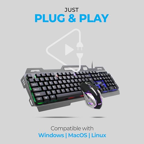 Image of FOXIN Thunder Gaming Keyboard and Mouse Combo | Rainbow Backlit Membrane Keyboard (104 Keys) with Phone Holder | 3600 DPI | 6 Button Mouse | Metal Body | Wired Gaming Combo for PC & Laptop