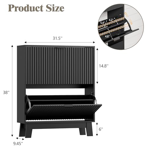 Image of HUANLEGO Shoe Cabinet Storage for Entryway with 2 Flip Drawers, Fluted Narrow Shoe Organizer with Wooden Legs, Freestanding Slim Shoe Storage Hidden Shoe Rack Organizer for Front Door Entrance, Black