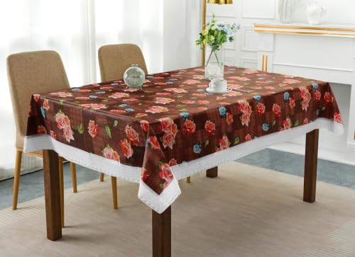 Image of Dakshya Industries 6 Seater PVC Waterproof Dining Table Cover 60x90 Inch | Floral Printed Washable Table Cloth with Lace Border