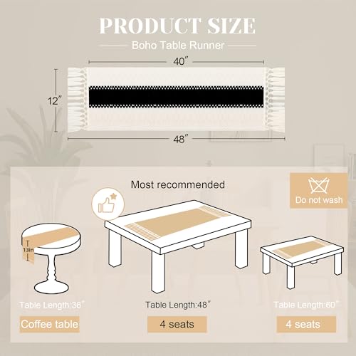 Image of FEXIA Boho Table Runner for Summer Home Decor with Tassels 48 Inches Long Farmhouse Rustic Black Gothic Table Runner Macrame Gothic Burlap Table Decoration for Kitchen Living Room (12x48 Inches)