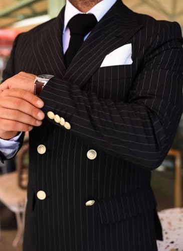 Pinstripe Suit for Men Slim Fit 2 Piece Double Breasted Suits Gold Button Jacket Pants Business Wedding Prom2
