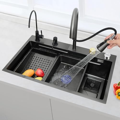 Fregadero de cocina de acero inoxidable con grifo extraíble, diseño inteligente 304 para lavavajillas y lavabo de verduras