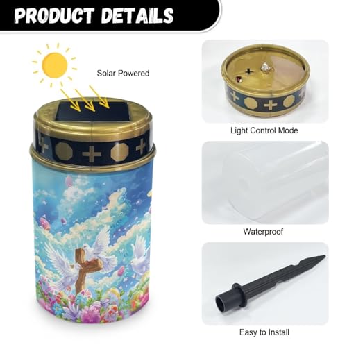Image of Cross and Peace Dove Solar Grave Lights - Flameless Solar Powered Light for Prayer - Waterproof - Cemetery Decor Candle Lamp