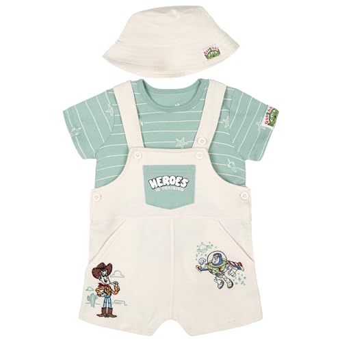 Image of Disney Baby French Terry Short Overalls, T-Shirt and Hat 3 Piece Outfit Set Newborn to Infant Sizes (0-24 Months)