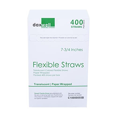 Daxwell Plastic Flex Straws, Wrapped, Translucent, C10000055B (Box of 400), 7.75" x 5.7mm