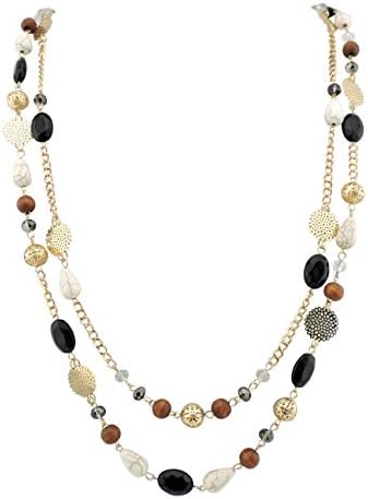 Bocar 14K Gold Plated Link Chain 2 Layer Crystal Wood Acrylic Colorful Women Party Long Necklace Gift (084)