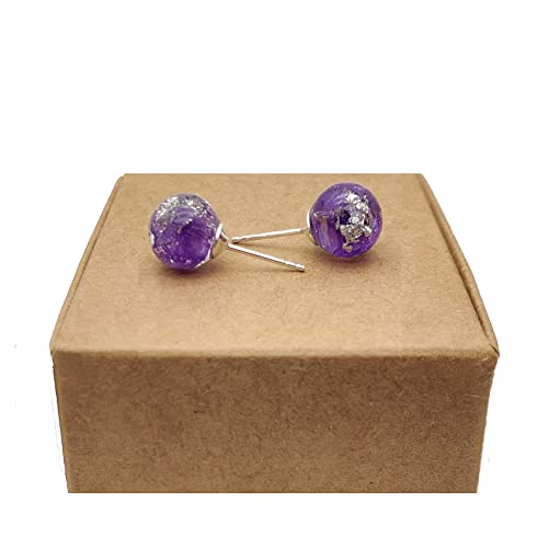Cairui Design - Violet Ne M'oublie Pas Statice Vraie Fleur Resin Boule Verre Argent Sterling 925 Boucles d'oreilles Clous et puces Femmes Handmade